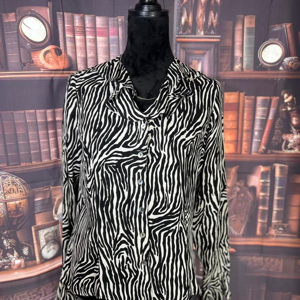 Vintage Tess 100% Silk Zebra‎ Print Blouse Women's Medium Button Front